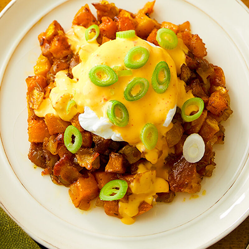 Butternut Bacon Hash and Eggs with Sriracha Hollandaise